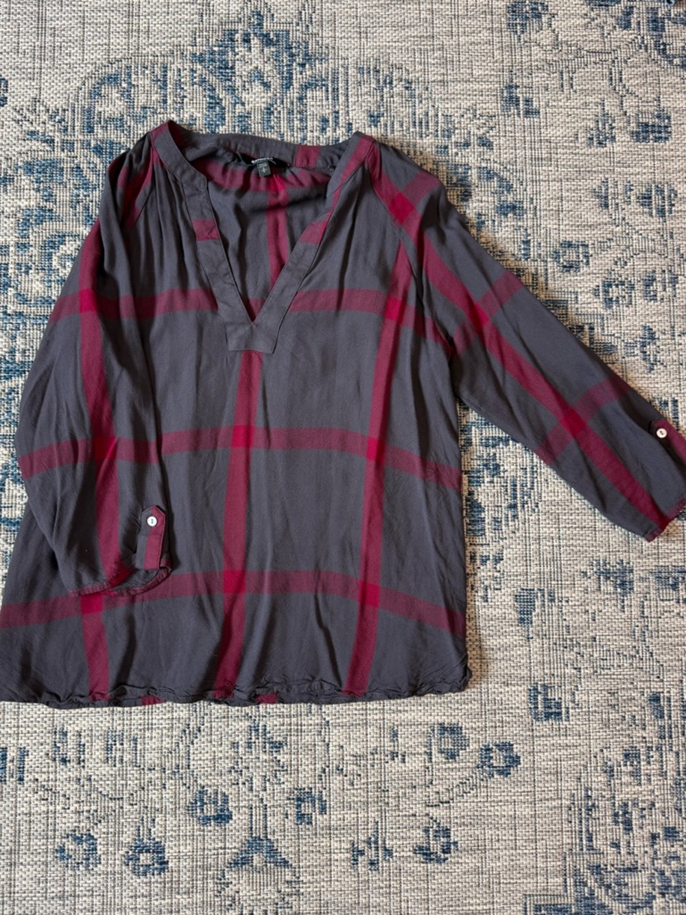Express Gray and Burgundy Striped V-Neck Blouse
